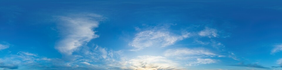 Wall Mural - Sunset sky panorama with bright glowing pink Cirrus clouds. HDR 360 seamless spherical panorama. Full zenith or sky dome for 3D visualization, sky replacement for aerial drone panoramas.