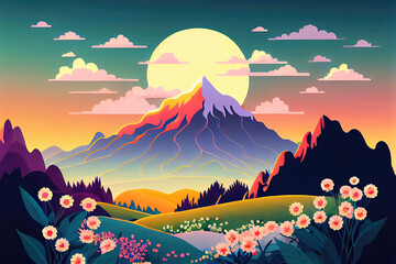 Wall Mural - Colorful abstract mountain landscape in spring as background wallpaper illustration (Generative AI)