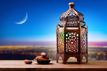 Wall Mural - Ornamental Arabic beautiful lantern with candle at night