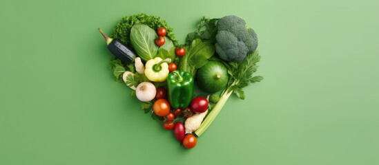 Fresh vegetables heart shape, green background. Generative AI