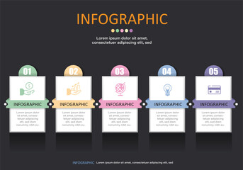 Fototapete - This 5 square bar infographic vector set on a black gray background with reflections on the floor presents a 5 step plan or timeline in modern style for executive finance education presentations.