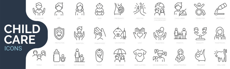 set of line icons related to child care, international children day, kid rights, parenthood. outline