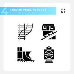 Poster - Railway vehicle pixel perfect black glyph icons set on white space. Railroad car. Train transport. Locomotive engine. Silhouette symbols. Solid pictogram pack. Vector isolated illustration