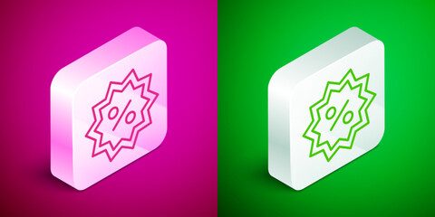 Wall Mural - Isometric line Discount percent tag icon isolated on pink and green background. Shopping tag sign. Special offer sign. Discount coupons symbol. Silver square button. Vector