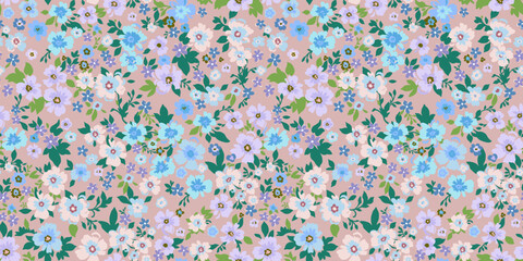 Wall Mural - Seamless pattern. Vector flower design with cute wildflowers. Romantic abstract floral pattern on pale pink background. Illustrations of spring nature with purple and turquoise flowers.