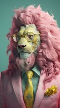 Lion In A Pink Suit With Glasses And Tie -- Generative AI