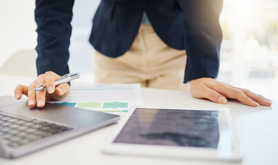 Poster - Tablet, laptop and businessman working in the office planning corporate project or proposal. Technology, professional and closeup of male employee doing research with computer and mobile in workplace
