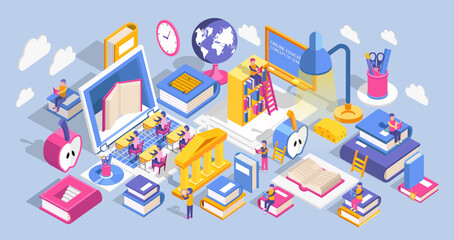 Wall Mural - Modern flat design isometric concept of learning and reading books. Online education landing page template. Training courses, tutorials, lectures. Can use for web banner, infographics, and website. Ve