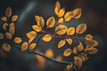 Wall Mural - close-up of a yellowing autumn leaf on a short branch. generative ai