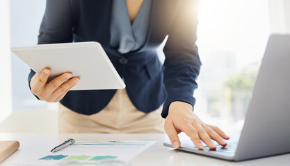 Poster - Tablet, research and laptop with hands of woman in office for planning, online report or email. Technology, communication and connection with closeup of female employee for corporate, idea and review