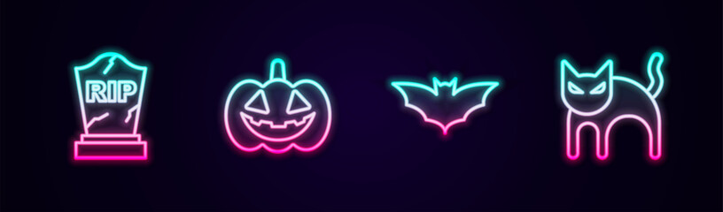 Wall Mural - Set line Tombstone with RIP written, Pumpkin, Flying bat and Black cat. Glowing neon icon. Vector