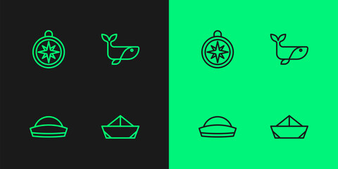 Sticker - Set line Folded paper boat, Sailor hat, Compass and Whale icon. Vector