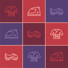 Wall Mural - Set line Kimono, Football shoes and Racing helmet icon. Vector