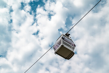 Wall Mural - Bottom up view of cable car cabin in front of cloudy sky
