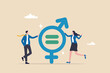 © Nuthawut - Gender equality, man and woman equal, balance and diversity in workplace, female and male employee having equal opportunity concept, businessman and woman holding gender equality symbolic.