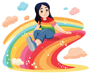 Wall Mural - Happy Girl on Rainbow Wave