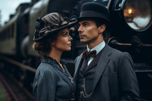 Stylish Woman And Man In Victorian Epoch Clothes On Railroad Station Next To Train, Created With Generative AI Technology
