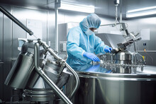 A Man In Protective Clothing Working On Equipment. Pharmaceautical Clean Room, Industrial Design, Large Scale Chemical Production In Controlled Sterile Conditions, AI Generative