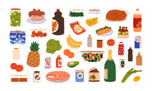 Food Products, Beverages Set. Cooked Dishes, Cake, Salad, Turkey And Ingredients, Drinks, Sauces. Champagne Bottle, Cans, Fruits, Vegetables. Flat Vector Illustrations Isolated On White Background