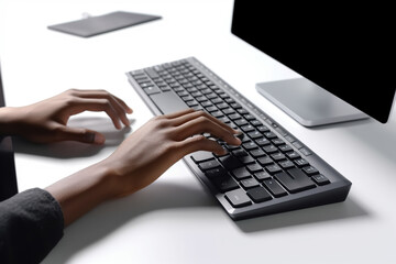 Close up hands of male programmer working on white computer on white minimal workplace, AI Generative. .