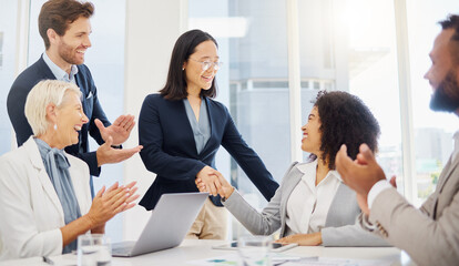 Canvas Print - Applause, office deal and happy people shake hand for job interview success, promotion or hiring welcome. Recruitment, diversity and team clapping, celebrate and excited for career success growth