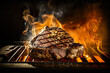 Yummy Steak On Flaming BBQ, Close Up View - Generative AI