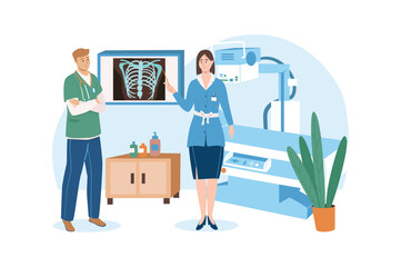 Poster - Medical office blue concept with people scene in the flat cartoon design. Two doctors reviews the patients x-ray to determine the exact diagnosis. Vector illustration.