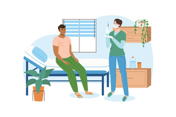 Poster - Medical office blue concept with people scene in the flat cartoon style. Doctor is preparing to give the patient an injection. Vector illustration.