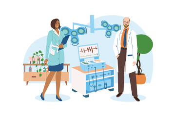 Poster - Blue concept Medical office with people scene in the flat cartoon design. Two doctors check the functionality of heart treatment devices. Vector illustration.