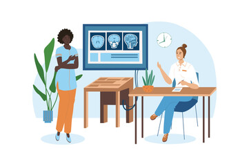 Poster - Medical office blue concept with people scene in the flat cartoon style. Two doctors take a part on scientific research work to learn about new diseases. Vector illustration.