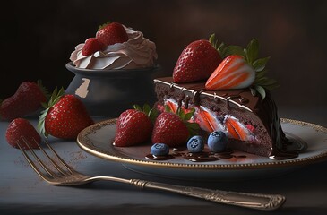Poster - Strawberries and a piece of cake, with some of the strawberries coated in chocolate, sit on a grey dish on the left side of the table, in close-up. Generative AI