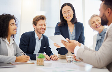 Poster - Collaboration, discussion and business people with a tablet in a meeting in office planning a corporate proposal. Professional, tech and team working on company project together in the workplace.