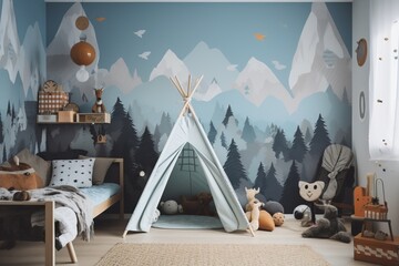 Wall Mural - Creative and bright eco design of a children's room. Bright fantasy wallpaper on the wall of baby room. Adventure theme. Generative AI illustration.