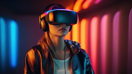 Beautiful young woman using virtual reality headset. Future technology concept.Generative Ai