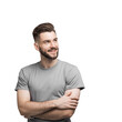 © kite_rin - Handsome smiling young man with folded arms isolated transparent PNG. Joyful cheerful businessman with crossed hands studio shot