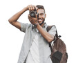 © kite_rin - Young man photographer takes photographs with dslr camera isolated in transparent PNG. Travel, hobby, vacations, professional freelance work and active lifestyle concept