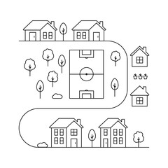houses with play field in village or cityscape, line art. landscape and residential building. exteri