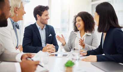 Aufkleber - Diversity, conversation and business meeting people laughing at funny admin joke, comedy humour or story. Proposal, happiness and professional team, management group or happy staff consulting