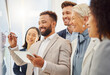 © N Felix/peopleimages.com - Writing, tablet and business people on glass board for planning, teamwork and workflow management. Diversity, happy and employees or woman with manager on digital technology and group brainstorming