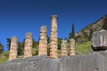Apollo Temple In Delphi, An Archaeological Site In Greece, At The Mount Parnassus. Delphi Is Famous By The Oracle At The Sanctuary Dedicated To Apollo