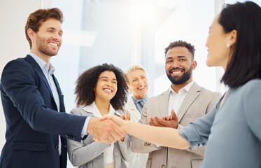 Poster - Partnership hand shake, happy or business people applause for acquisition agreement, partner deal or merger success. Thank you handshake, congratulations or diversity group clapping for job promotion