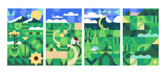Geometric cubist landscape posters set. Green summer nature cards in geometry art style. Rural environment, countryside with plants. Vertical eco backgrounds. Modern stylized flat vector illustrations