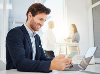 Poster - Phone, laptop and business man in office for research, planning and networking. Technology, digital and communication with male employee in corporate company for contact, online connection and email