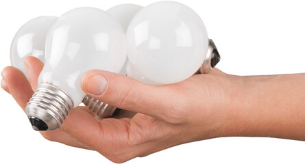 Wall Mural - Hand Holding Four Energy Efficient Bulbs - Isolated