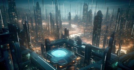 Cyberpunk Urban Future. Futuristic Cityscape. Huge Neon Skyscrapers. Aerial view to a panorama of a futuristic city. Sci-fi wallpaper. Generative AI illustration.