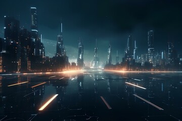 Wall Mural - Ultrawide shot of a city at night, with a panoramic view and glowing lights, in a futuristic style. generative AI