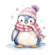Watercolor penguin with scarf and hat isolated on white background. 