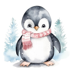Wall Mural - Watercolor penguin in scarf isolated on white background. 