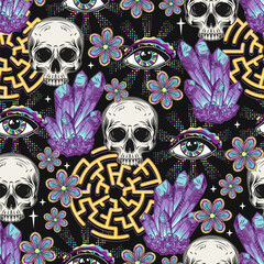 Wall Mural - Pattern with gemstones, human skull, crystals, all seeing eye, labyrinth. Concept of sacred spirit, magic mind, extended mind. Psychedelic surreal illustration. Good for groovy, hippie, mystical style