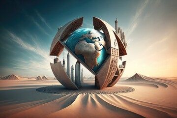 Poster - Conceptual image with earth globe and buildings in desert